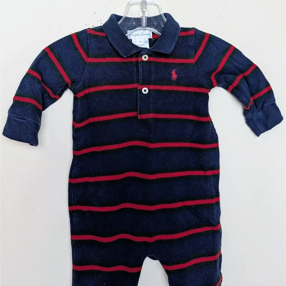 Polo Ralph Lauren Coverall Red Blue Stripe Rugby‎ One Piece Long Sleeve 6 Months